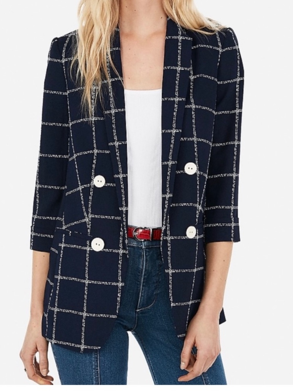 Express Navy Blazer with White Windowpane Grid - Picture 1 of 6
